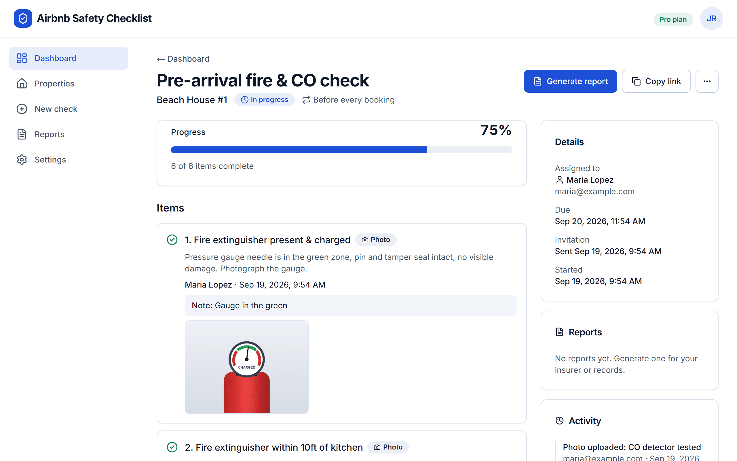 Airbnb safety checklist software dashboard showing fire safety inspection with photo proof