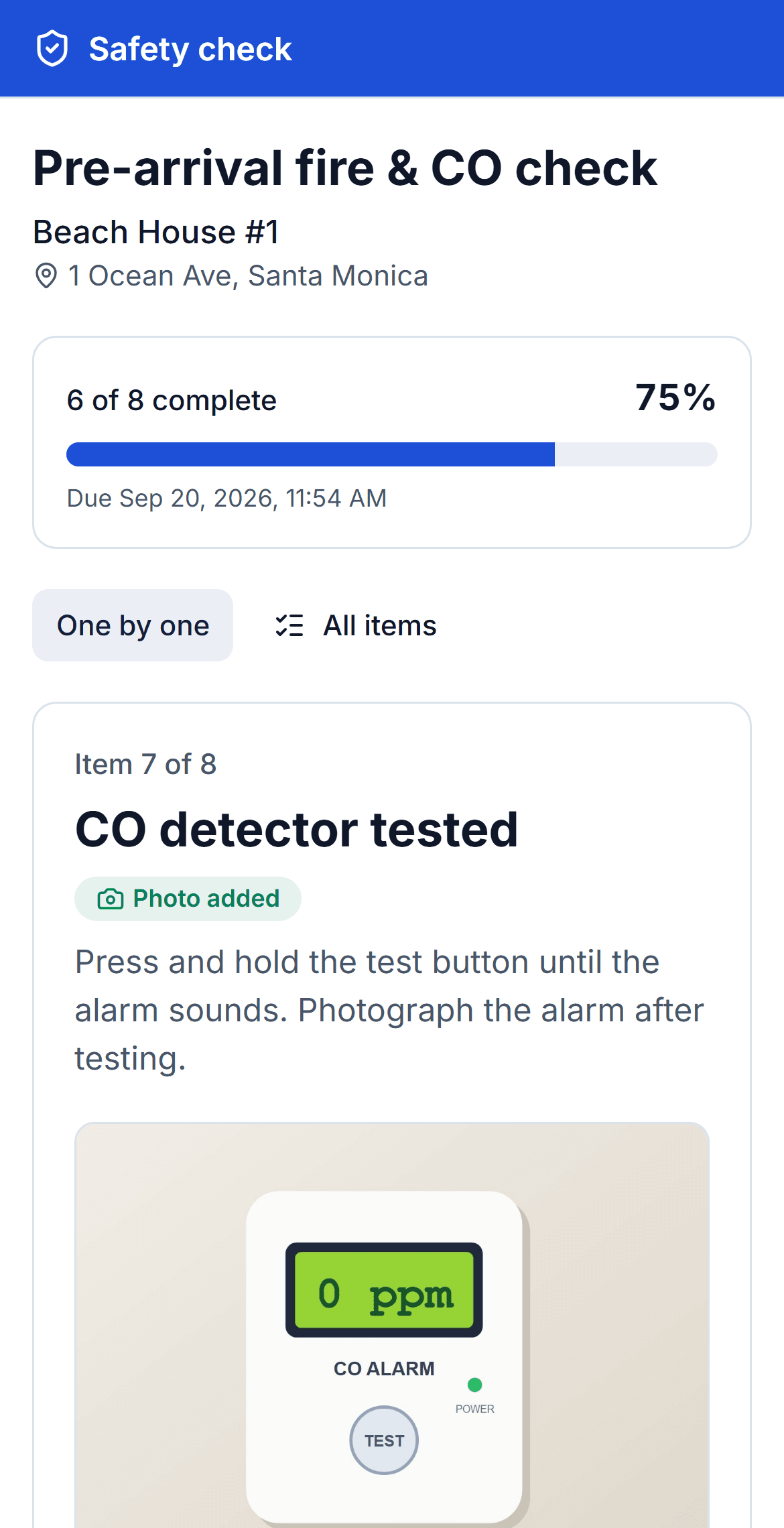 Mobile photo upload for Airbnb safety checklist with CO detector test